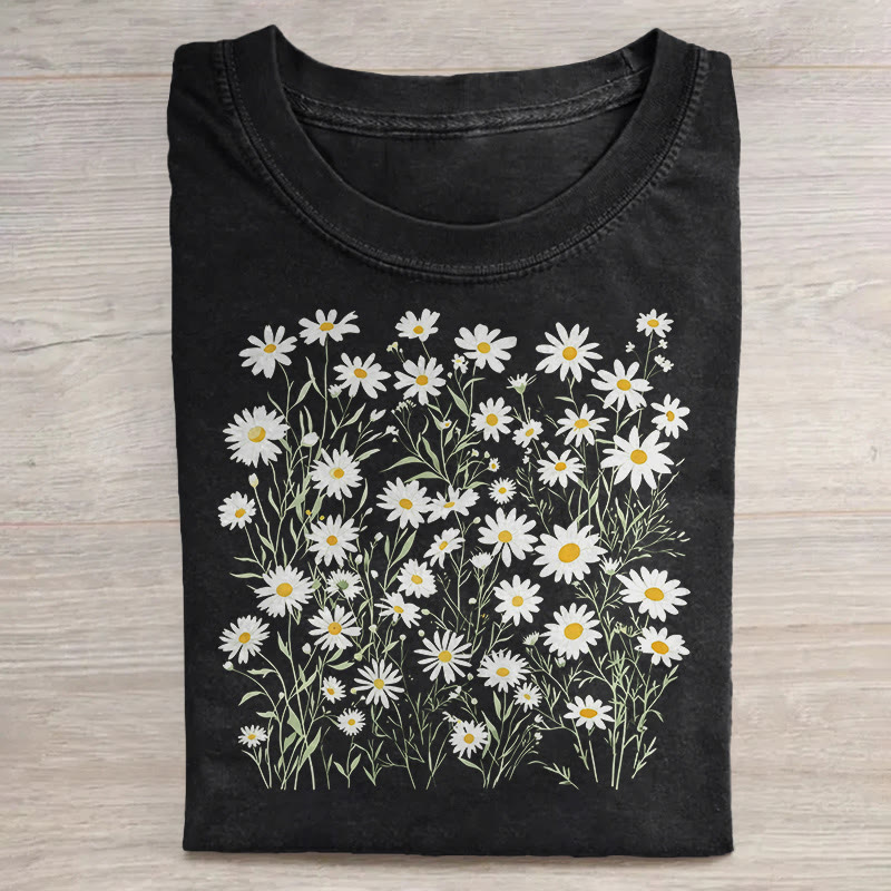 Unisex April Birth Daisy Flower Print Acid Washed T-shirt - Black - US20-22(3XL) - image 4