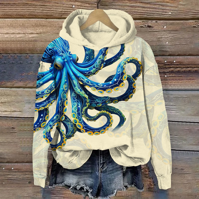 Art Octopus With Shading Print Long Sleeve Hoodie - Apricot - US44-46(8XL) - image 3