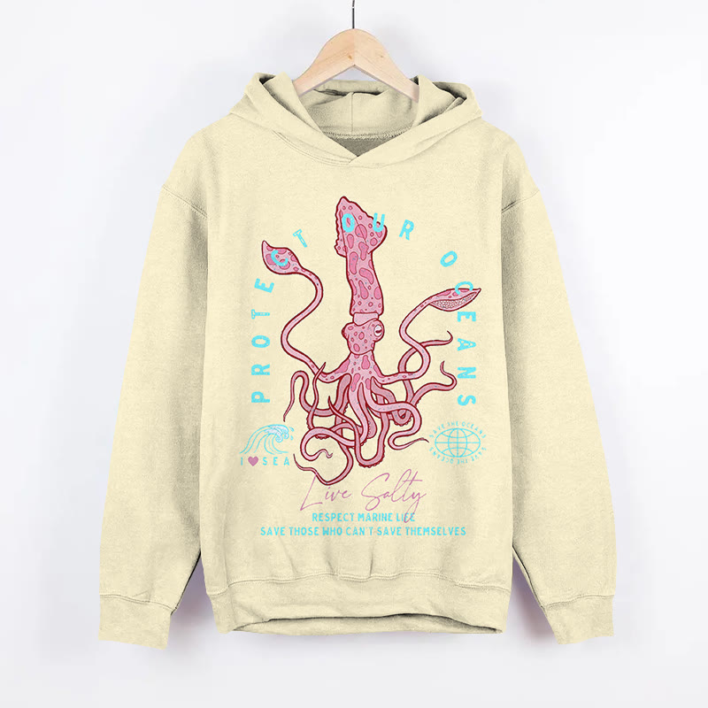 Unisex Protect Our Oceans Squid Pattern Art Print Long Sleeved Hoodie - Yellow - US44-46(8XL) - image 4