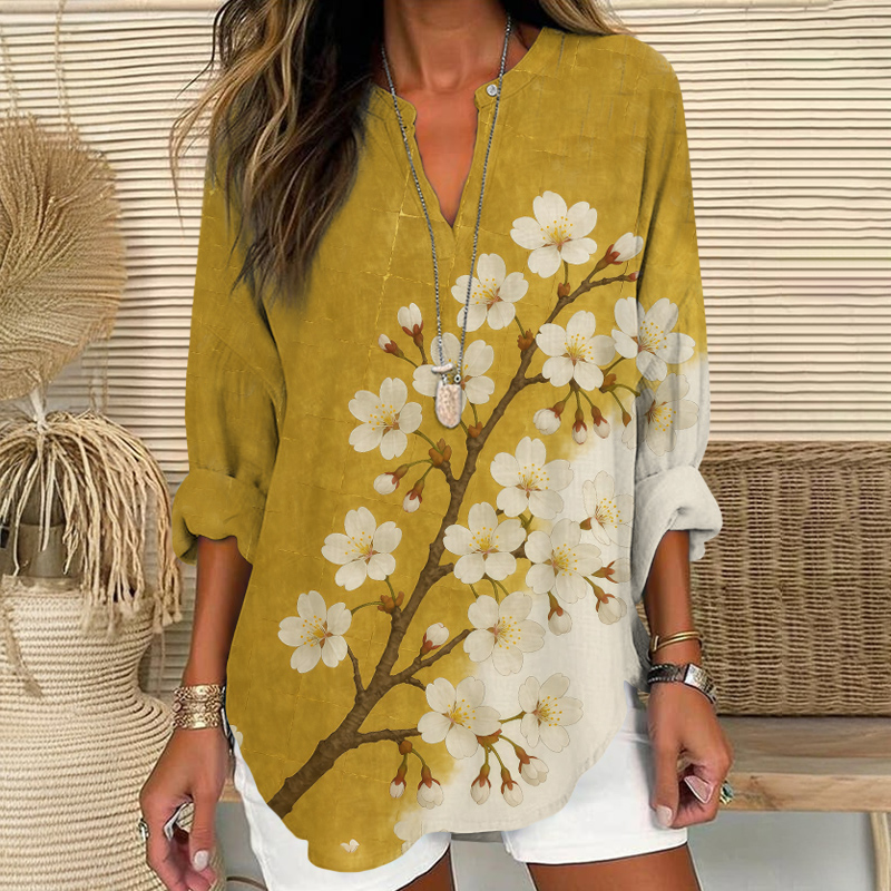Lovely Sakura Art Print V Neck Long Sleeve Blouse - Yellow - 8XL - image 1