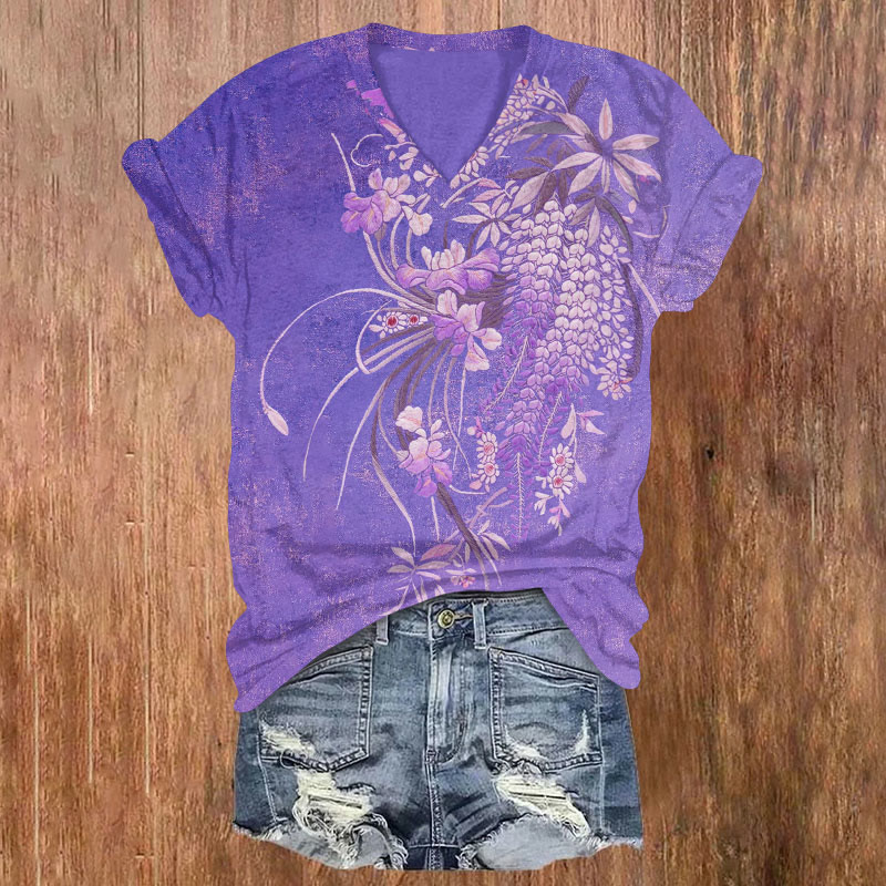 Floral Print V-neck T-shirt - Purple - US32-34(5XL) - image 4