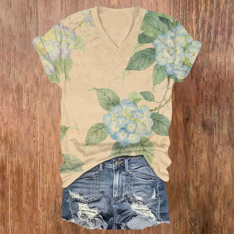 Japanese Watercolor Hydrangea Art Print V-neck T-shirt - Apricot - US32-34(5XL) - image 6