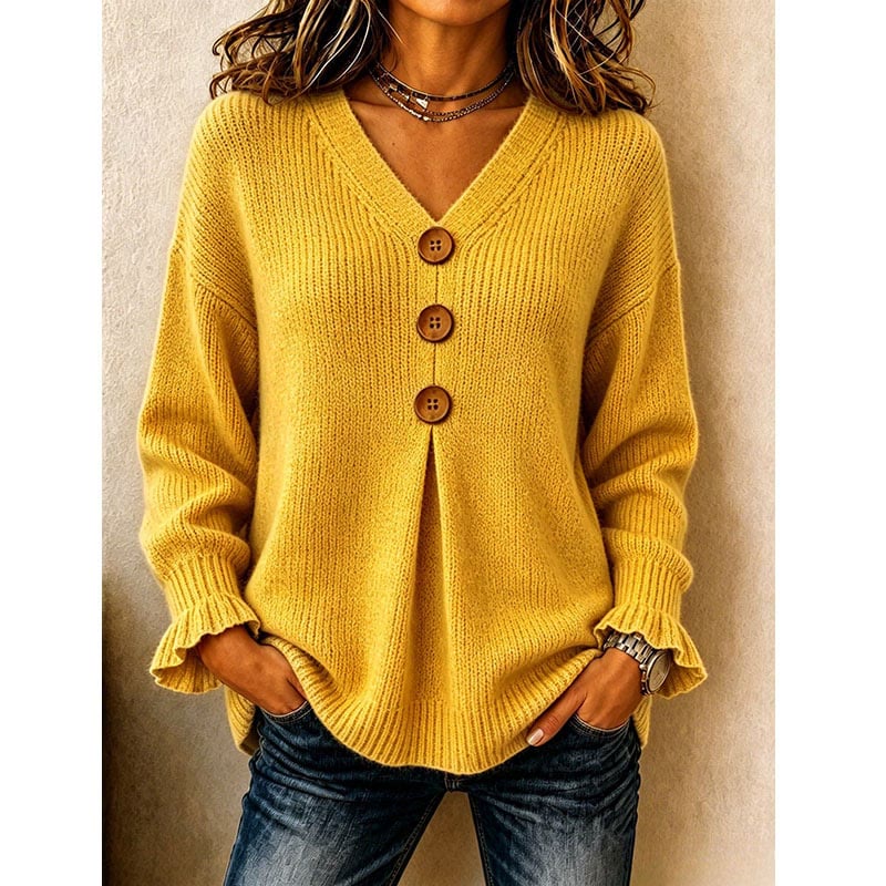 Women's V-Neck Knit Top With Decorative Buttons & Ruffle Cuffs - Yellow - 3XL - image 15