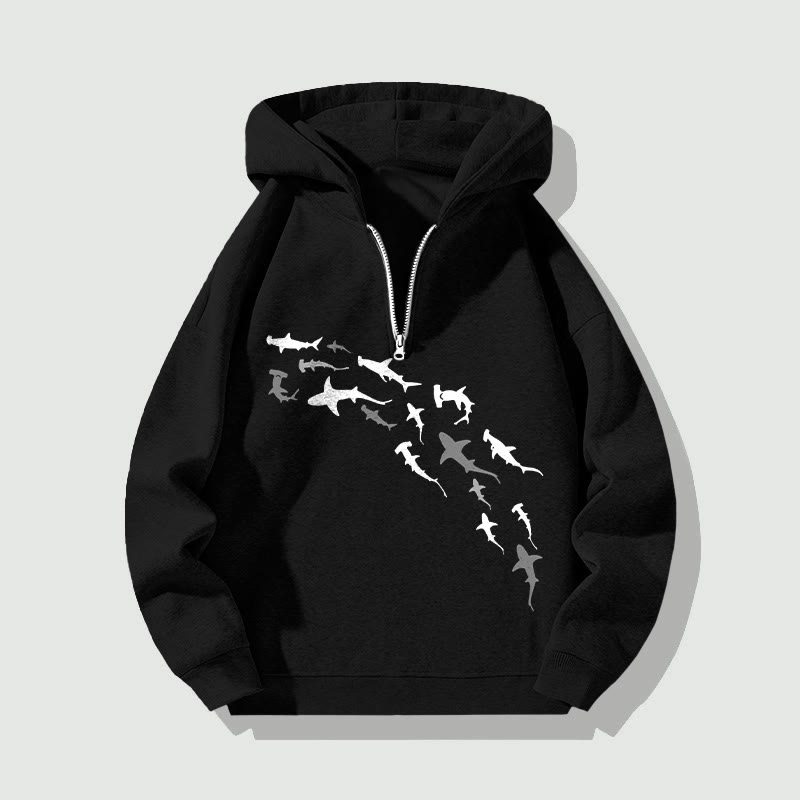 Unisex Shark Print Half Zip Hoodie - Black - US32-34(5XL) - image 3