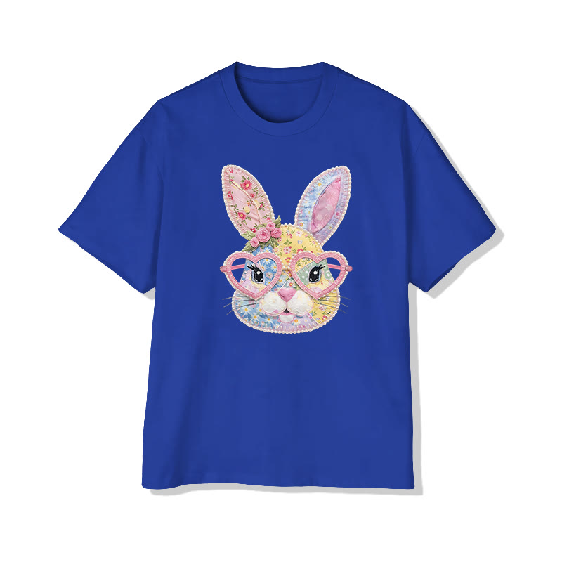 Easter Glasses Bunny Garden Flowers Print Pattern Cotton Print T-shirt - Royal Blue - US16-18(2XL) - image 13