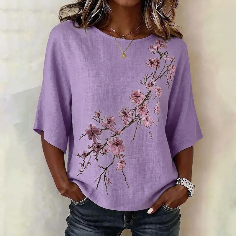  Vintage Elegant Plum Bossom Pattern Print Half Sleeve Casual Blouse - Purple - US 28-30 (4XL) - image 2