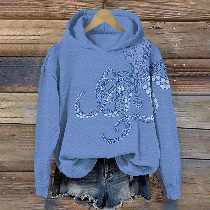 Octopus Print Long Sleeve Hoodie - Blue - US44-46(8XL) - image 4