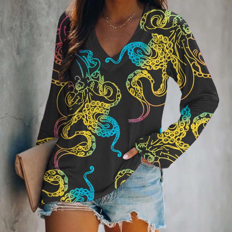 Japanese Abstract Color Painting Octopus Art Print Long Sleeve T-shirt - Black - 5XL - image 3