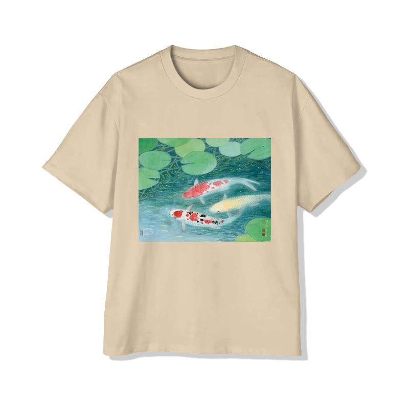 Unisex Pond Koi Print Short Sleeved Crew Neck T-shirt - Apricot - 2XL - image 4