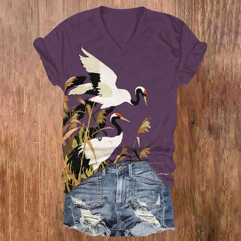 Japanese Oil Painting White Crane Art Print V-neck T-shirt - Purple - US32-34(5XL) - image 3