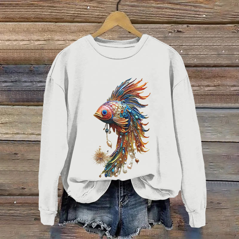 Colorful Underwater Whale Jewelry Print Long Sleeved Sweatshirt - White - US16-18(2XL) - image 4