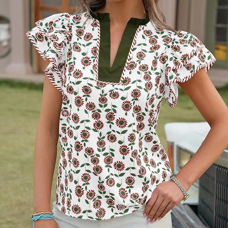 Pastoral Floral Print V-neck Ruffled-sleeve Babydoll Top - Army Green - US20-22(2XL) - image 5