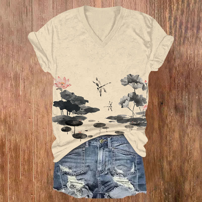 Japanese Vintage Ink Watercolor Lotus Pond & Dragonfly Print V-neck T-shirt - Apricot - US32-34(5XL) - image 3