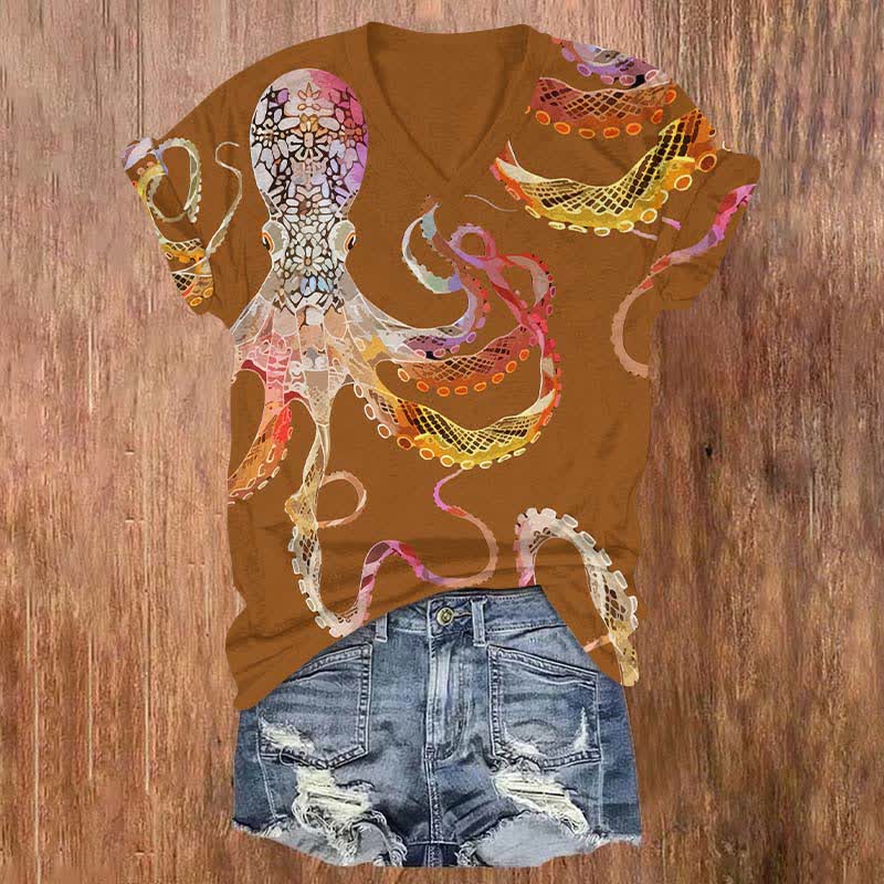 Creative Mottled Colorful Octopus Art Print V-neck T-shirt - Brown - US32-34(5XL) - image 4