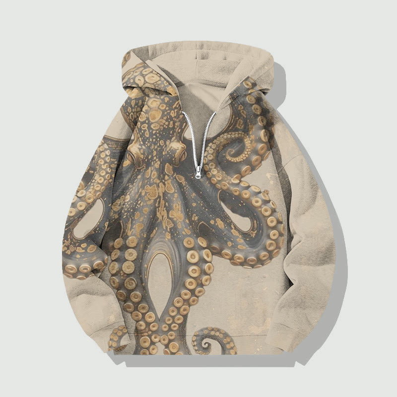 Unisex Vintage Octopus Art Print Half Zip Hoodie - Apricot - US32-34(5XL) - image 5