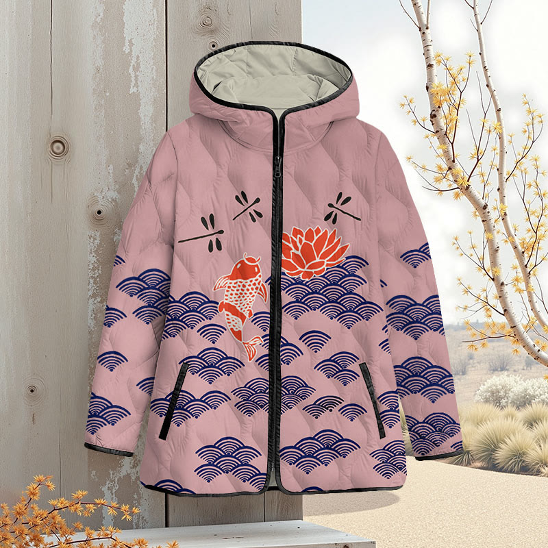 Japanese Style Koi Fish Dragonfly Wave Art Print Zipper Jackets - Pink - 4XL - image 4