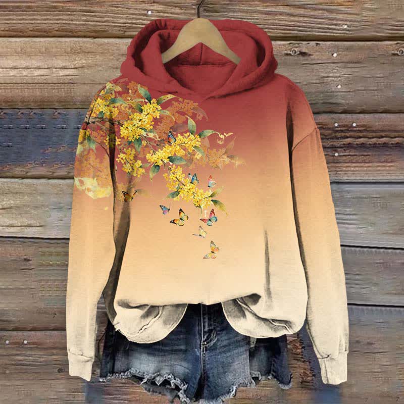Japanese Vibrant Winter Jasmine & Butterfly Print Long Sleeve Hoodie - Red - US44-46(8XL) - image 3