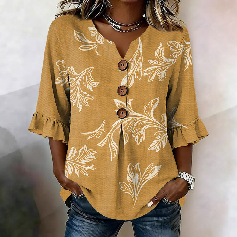 Vintage Flower Print Button V-neck Blouse With Ruffle Sleeves - Yellow - US 22 (4XL) - image 7