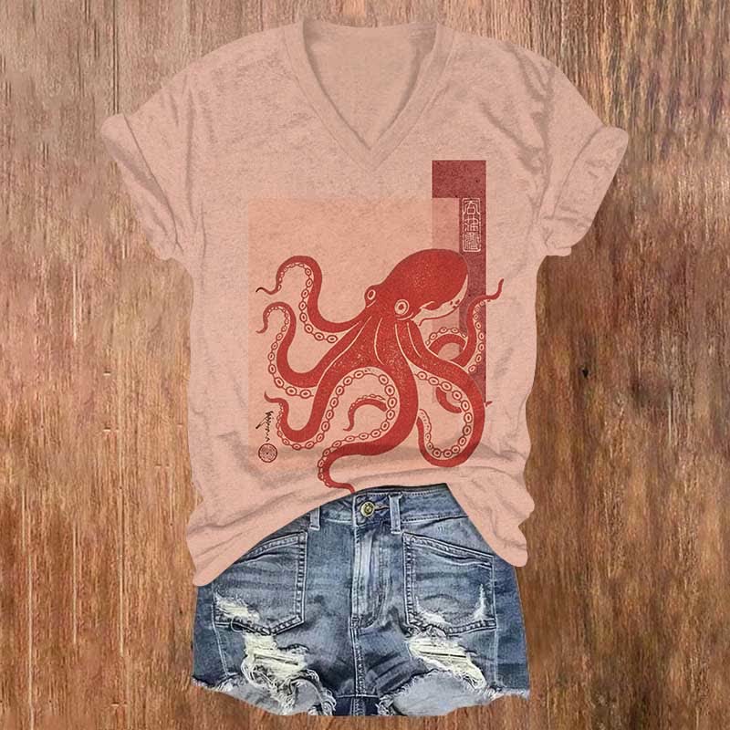 Japanese Cute Red Octopus Art Print V-neck T-shirt - Pink - US32-34(5XL) - image 5