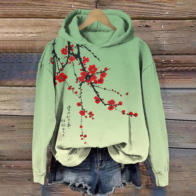 Japanese Vintage Plum Blossom Art Print Long Sleeve Hoodie - Green - US44-46(8XL) - image 3