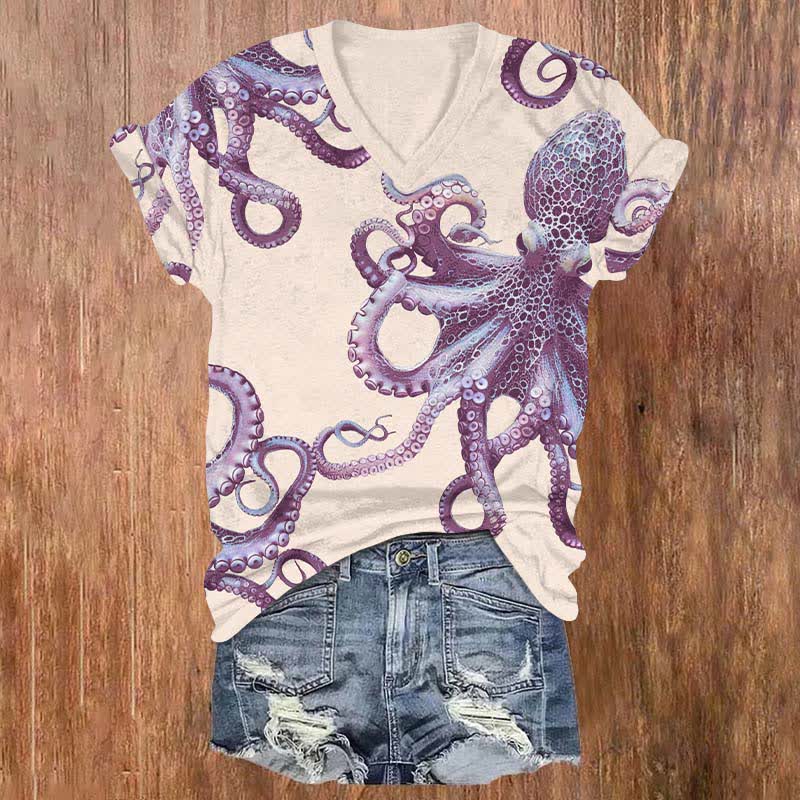 Japanese Vintage Vivid Octopus Art Print V-neck T-shirt - Beige - US32-34(5XL) - image 6