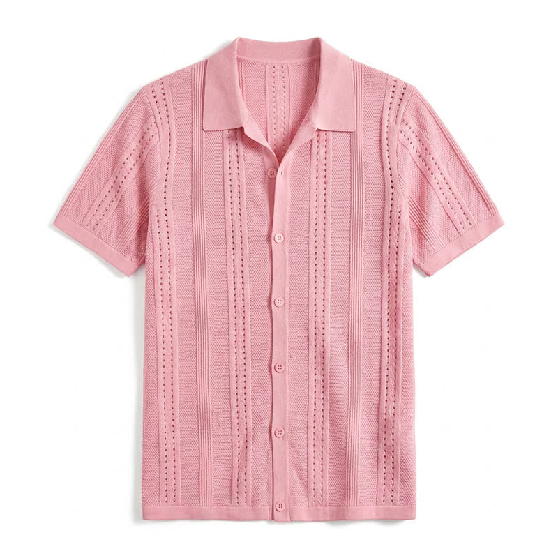 Men's Solid Color Knit Collared Short Sleeve Button Up Polo Shirt - Pink - 4XL - image 19