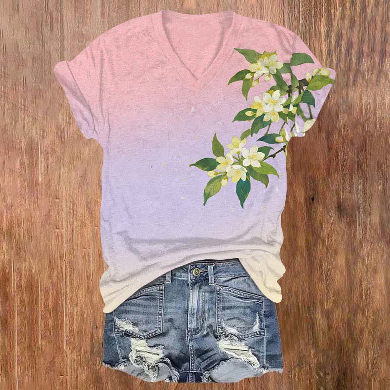 Japanese Watercolor Pear Blossom Art Print V-neck T-shirt - Pink - US32-34(5XL) - image 5