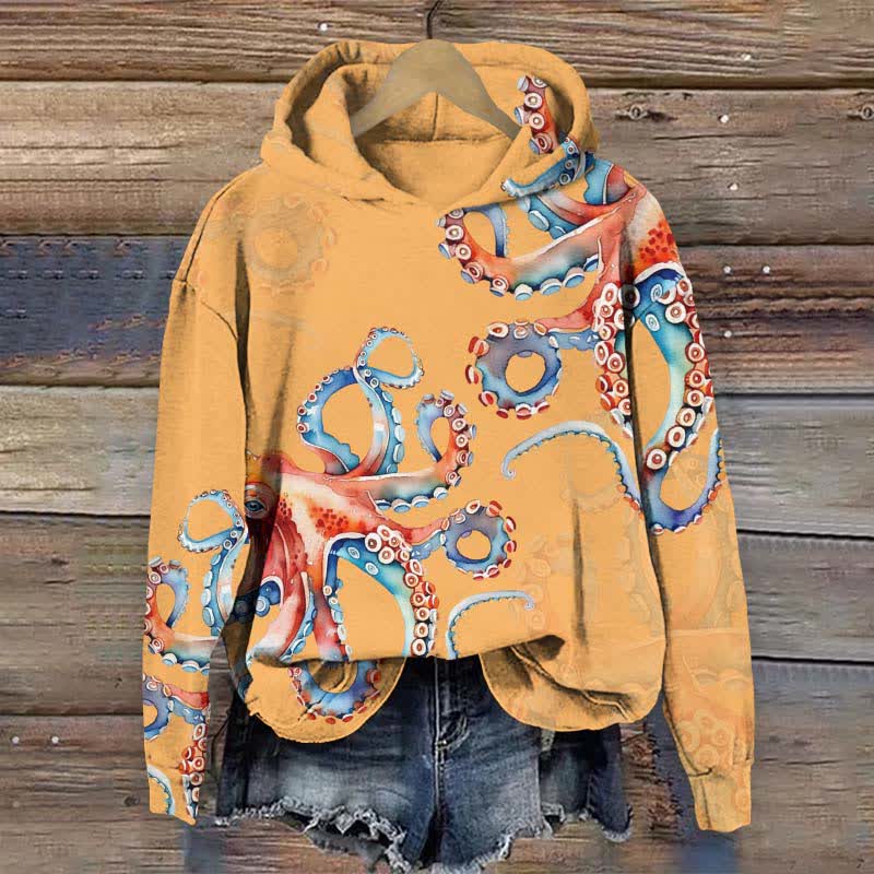Japanese Colorful Octopus Art Print Long Sleeve Hoodie - Yellow - US44-46(8XL) - image 7