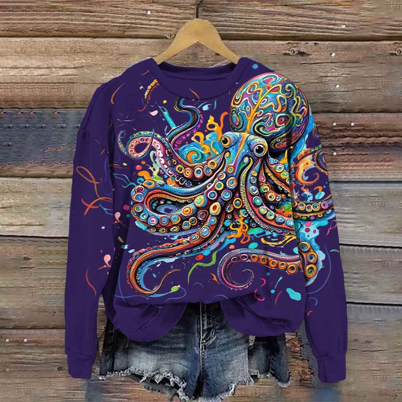 Vintage Octopus Art Print Casual Sweatshirt - Purple - 5XL - image 3