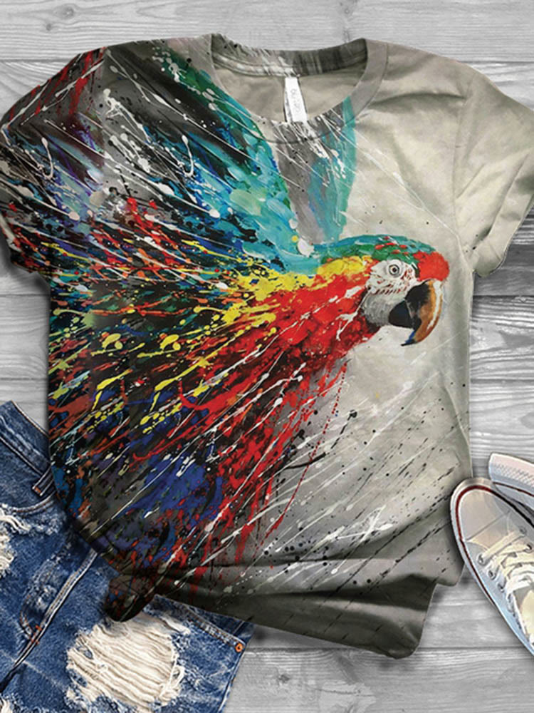 Parrot Print Short Sleeve Casual O-neck T-shirt