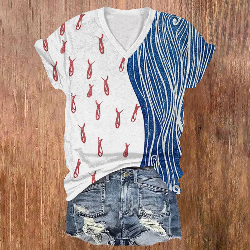 Japanese-style Simple Sketch Of A School Of Fish And Waves Printed Short Sleeved V-neck T-shirt - Light Gray - US32-34(5XL) - image 1