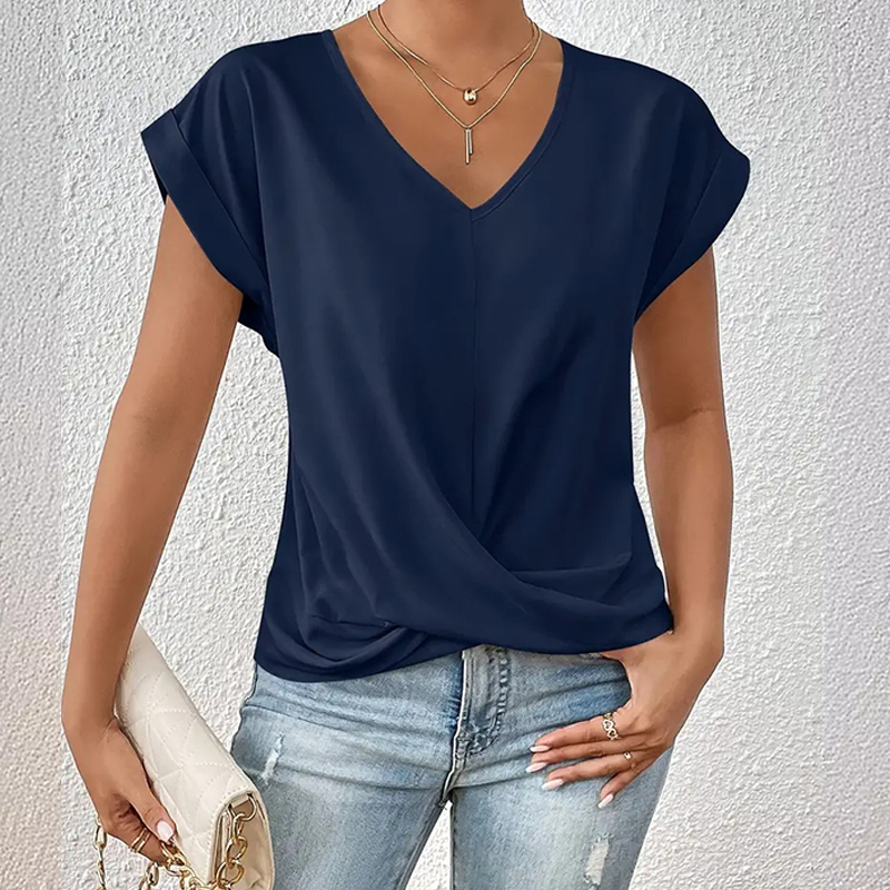 Elegant Solid Overlapping Structure V-neck Flutter-sleeve T-shirt - Dark Blue - 3XL - image 7