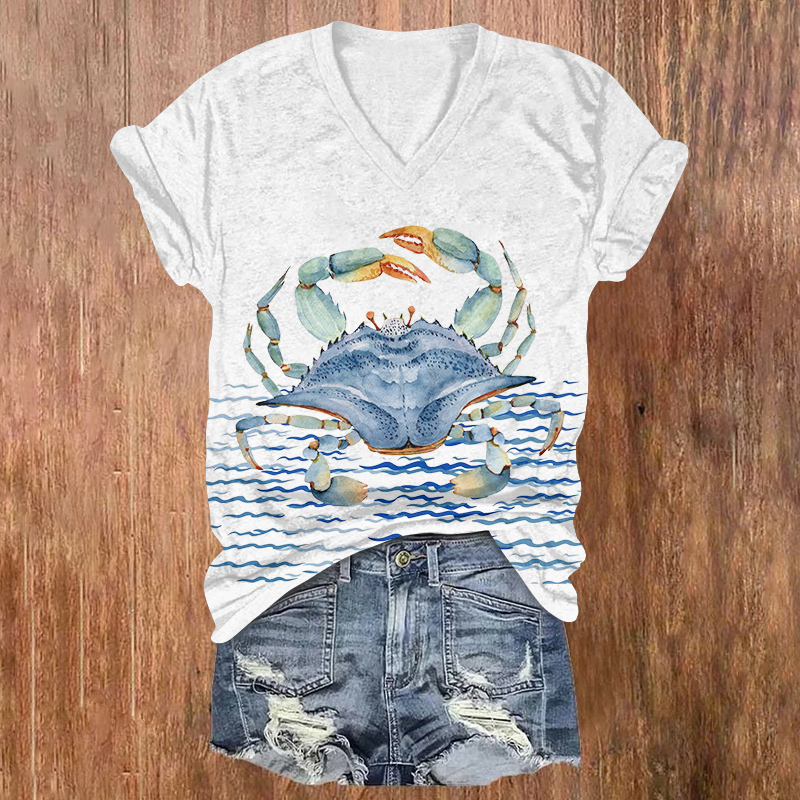 Ocean Crab Art Print Short Sleeved V-neck T-shirt - Light Gray - US32-34(5XL) - image 1