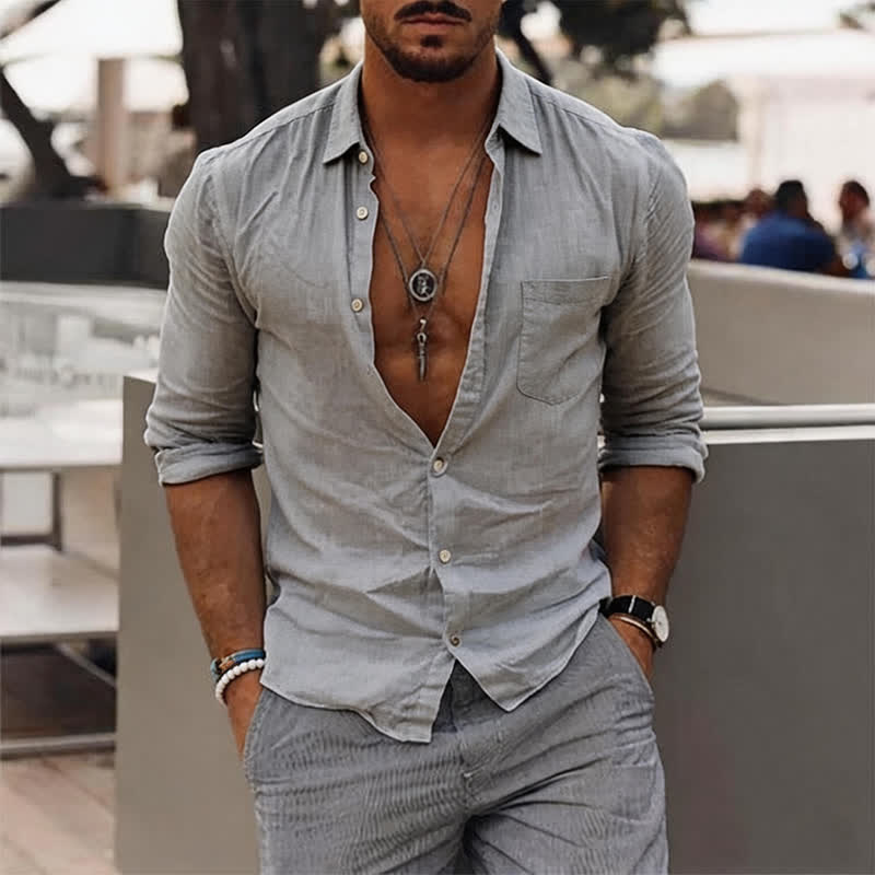 Men's Solid Color Holiday Long Sleeve Shirt - Light Gray - 5XL - image 5