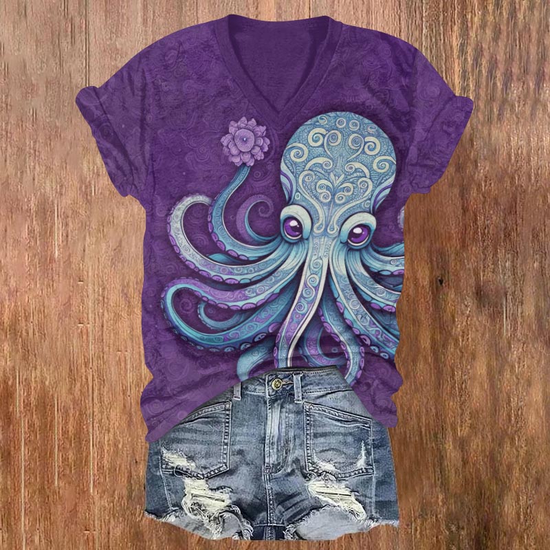 Vintage Cute Octopus Holding Flower Art Print V-neck T-shirt - Purple - US32-34(5XL) - image 3