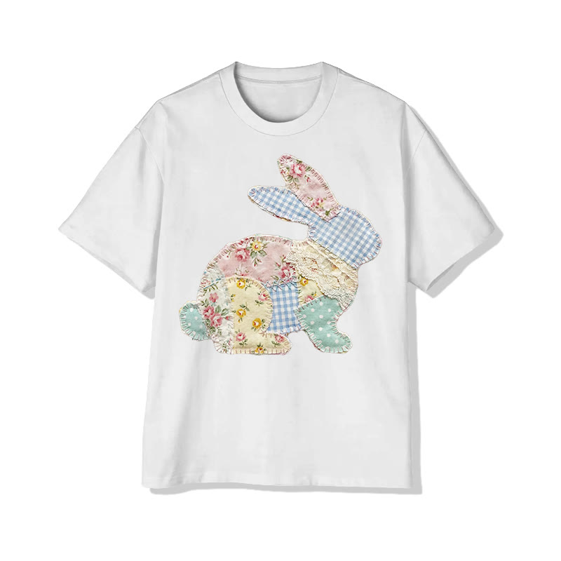 Trendy Pastoral Floral Bunny Patchwork Printed Cotton T-shirt - White - 2XL - image 4