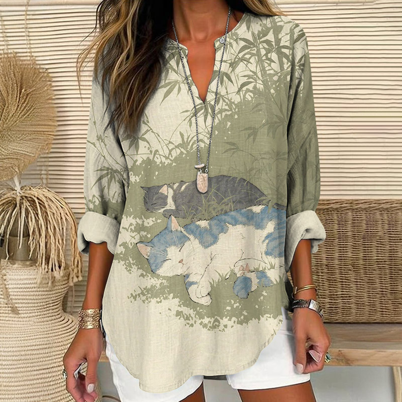 Lovely Sleeping Cats Art Print V Neck Long Sleeve Blouse - Olive Green - 8XL - image 1