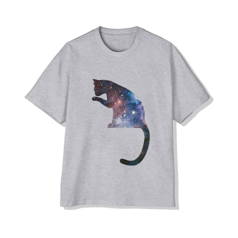 Unisex Starry Universe Cat Pattern Print Short Sleeved Crew Neck T-shirt - Grey - 2XL - image 4