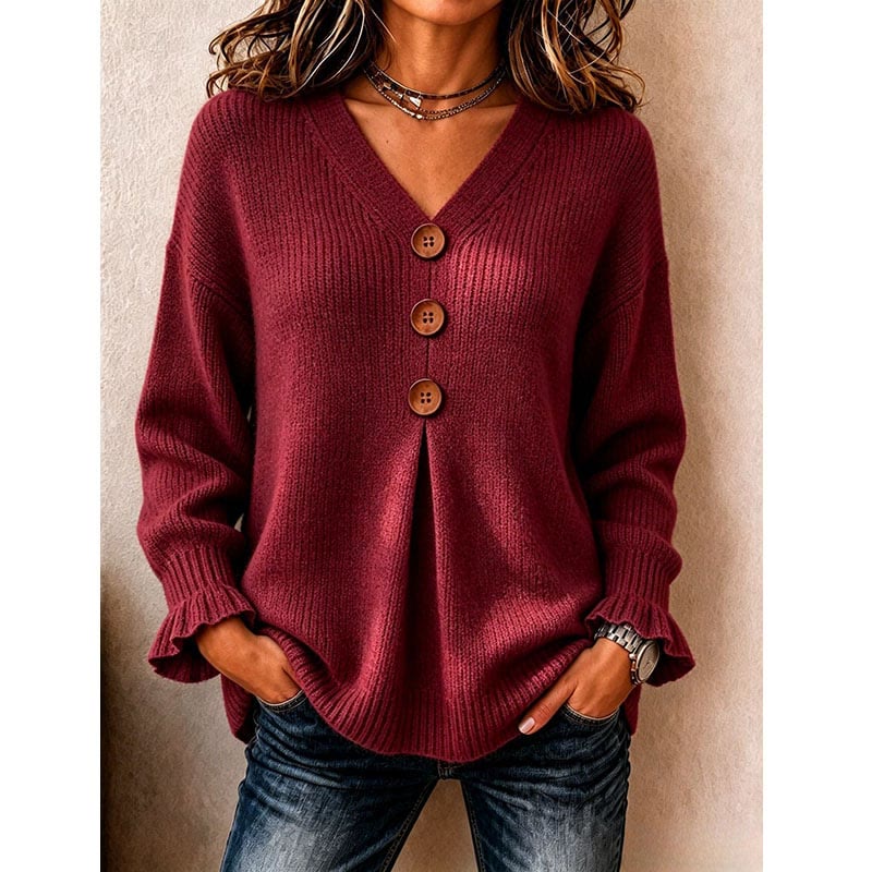 Women's V-Neck Knit Top With Decorative Buttons & Ruffle Cuffs - Wine - 3XL - image 13