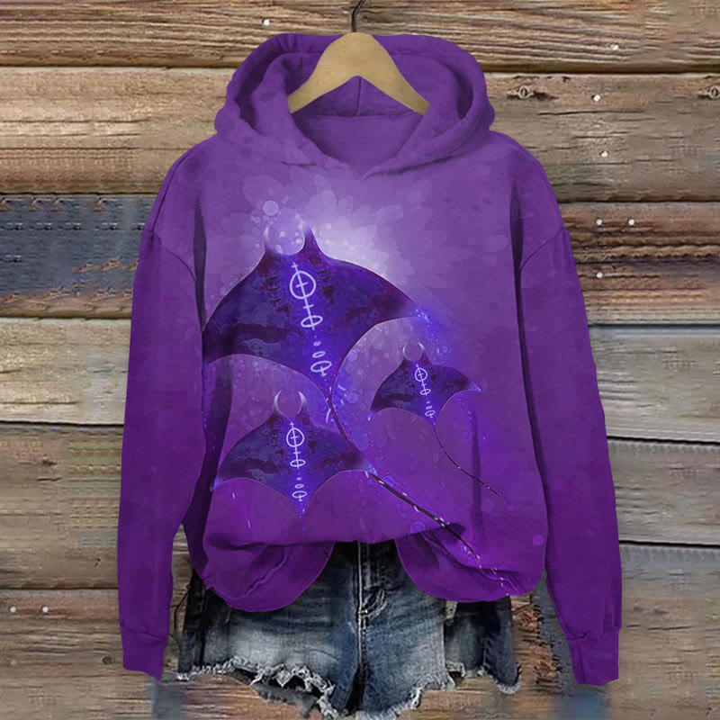 Nocturnal Glowing Manta Rays Print Long Sleeve Hoodie - Purple - US44-46(8XL) - image 3