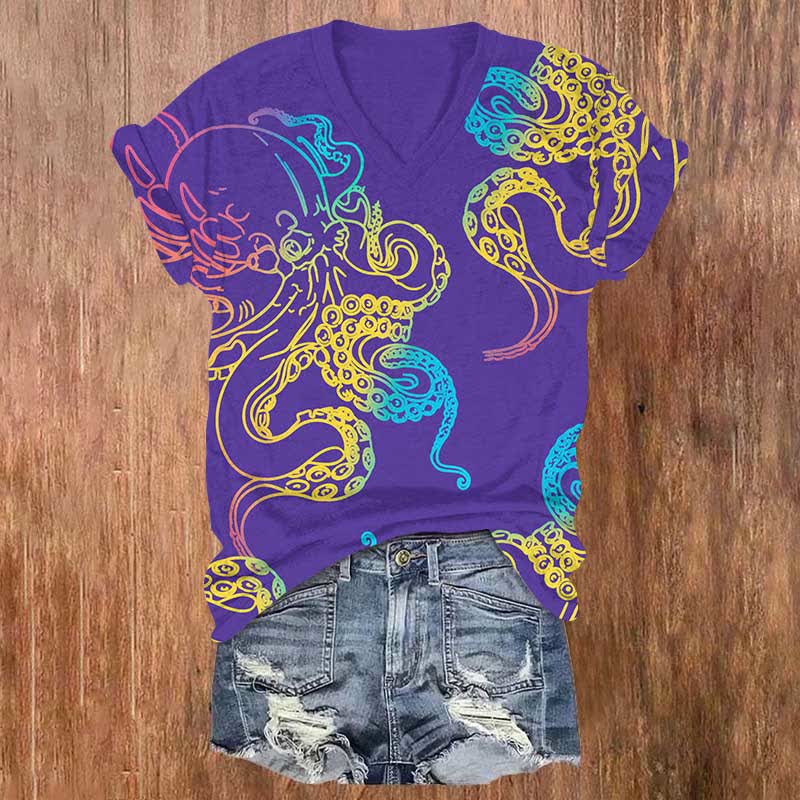 Japanese Abstract Color Painting Octopus Art Print V-neck T-shirt - Purple - US32-34(5XL) - image 4