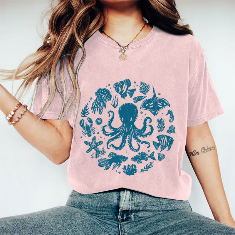 100% Cotton Japanese Cartoon Ocean Animals Art T-shirt - Pink - 2XL - image 13