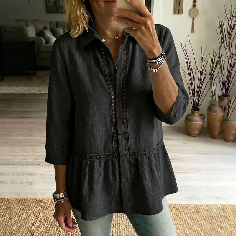 Elegant Bohemian Openwork Lace Linen Blend 3/4 Sleeve Blouse - Black - 3XL - image 6