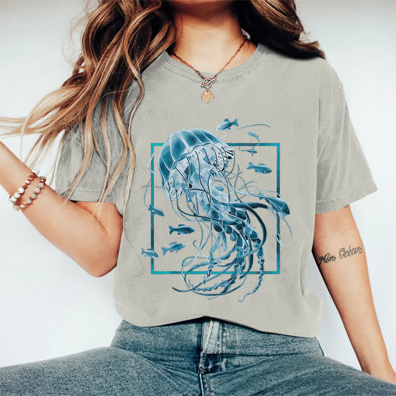 100% Cotton Women's Fantasy Jellyfish Surrounded By Fish Art Print Casual T-shirt - Warm Grey - 2XL - image 5