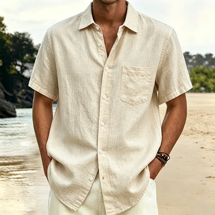 Cozy Solid Texture Button-up Short Sleeve With Pocket Lapel Shirt - Apricot - 5XL - image 5