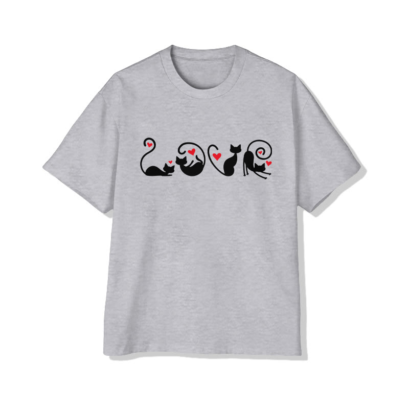 Unisex LOVE Heart-shape Cats Print Short Sleeved Crew Neck T-shirt - Grey - 2XL - image 5