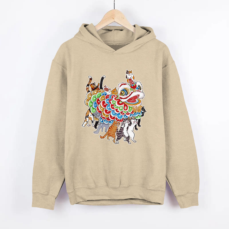 Unisex  Cats Perform A Lion Dance To Celebrate The New Year Pattern Long Sleeved Hoodie - Apricot - US44-46(8XL) - image 3