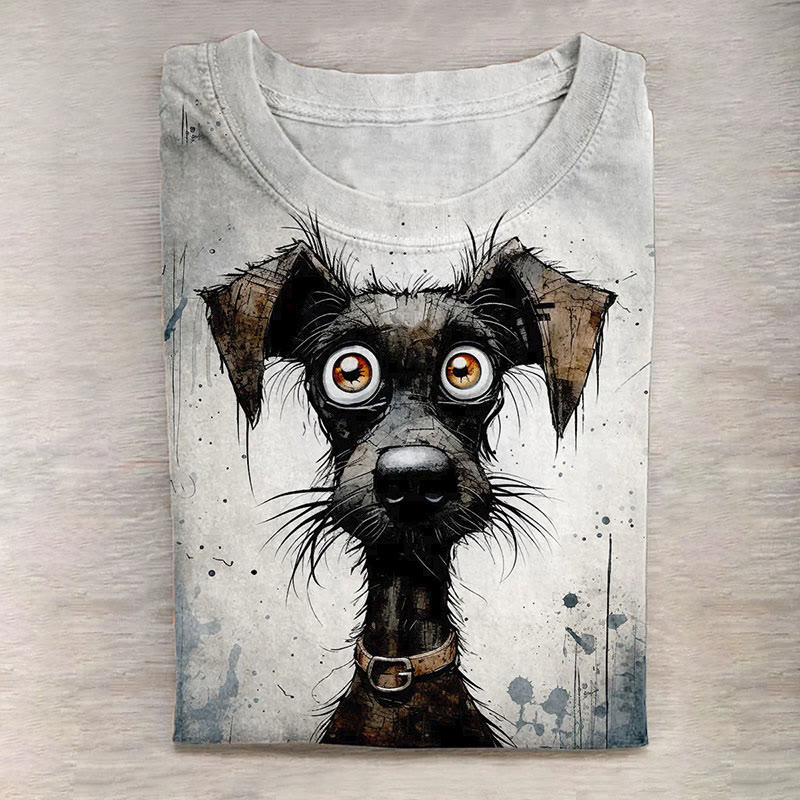 Funny Cute Ink And Watercolor Retro Dog Art Print Crew Neck Tshirt