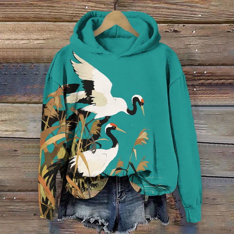 Japanese Oil Painting White Crane Art Print Long Sleeve Hoodie - Lake Blue - US44-46(8XL) - image 7