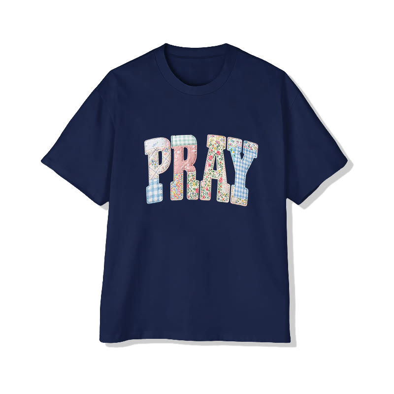 Vintage Floral Pray Christian Pattern Print Short Sleeved Round Neck Cotton T-shirt - Navy Blue - US28-30(4XL) - image 7